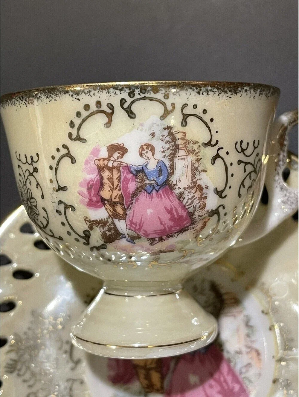 Fragonard Love Story Pedestal Demitasse Tea Cup Saucer 6778 Japan Sticker Ivory